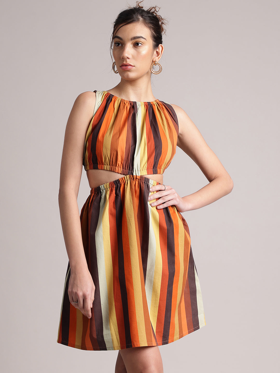Multicolor Cotton Striped Side Cut-Out Dress