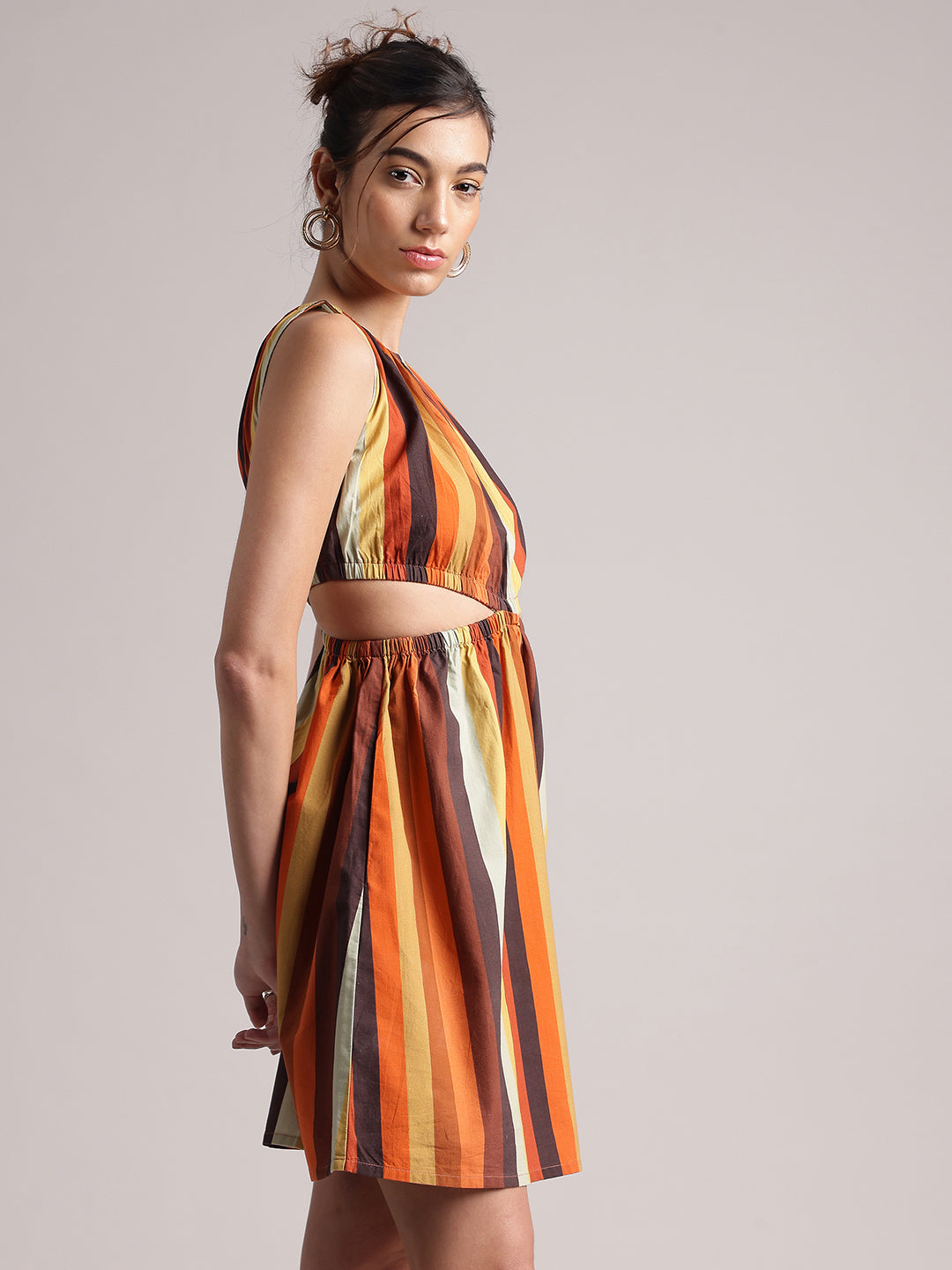 Multicolor Cotton Striped Side Cut-Out Dress
