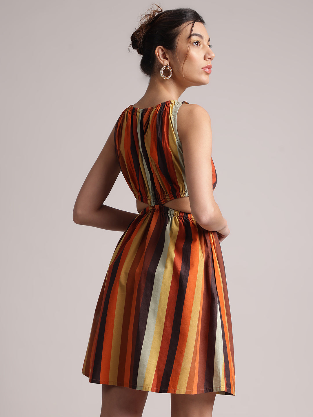 Multicolor Cotton Striped Side Cut-Out Dress