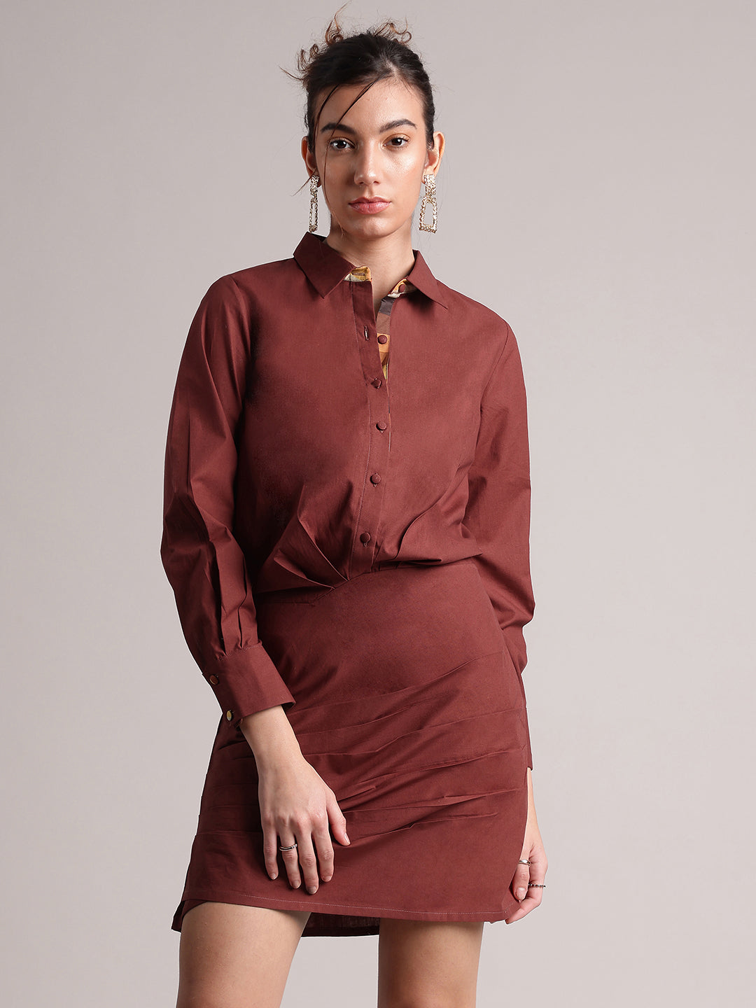 Brown Cotton Blend Solid Pleated Dress