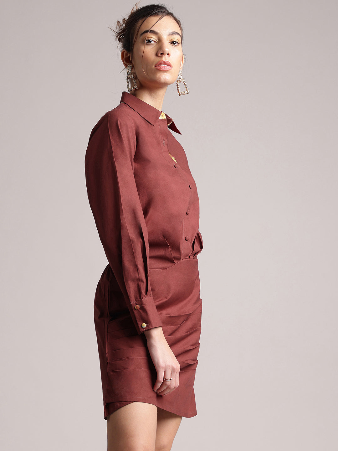 Brown Cotton Blend Solid Pleated Dress