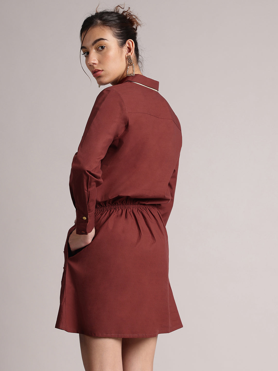 Brown Cotton Blend Solid Pleated Dress