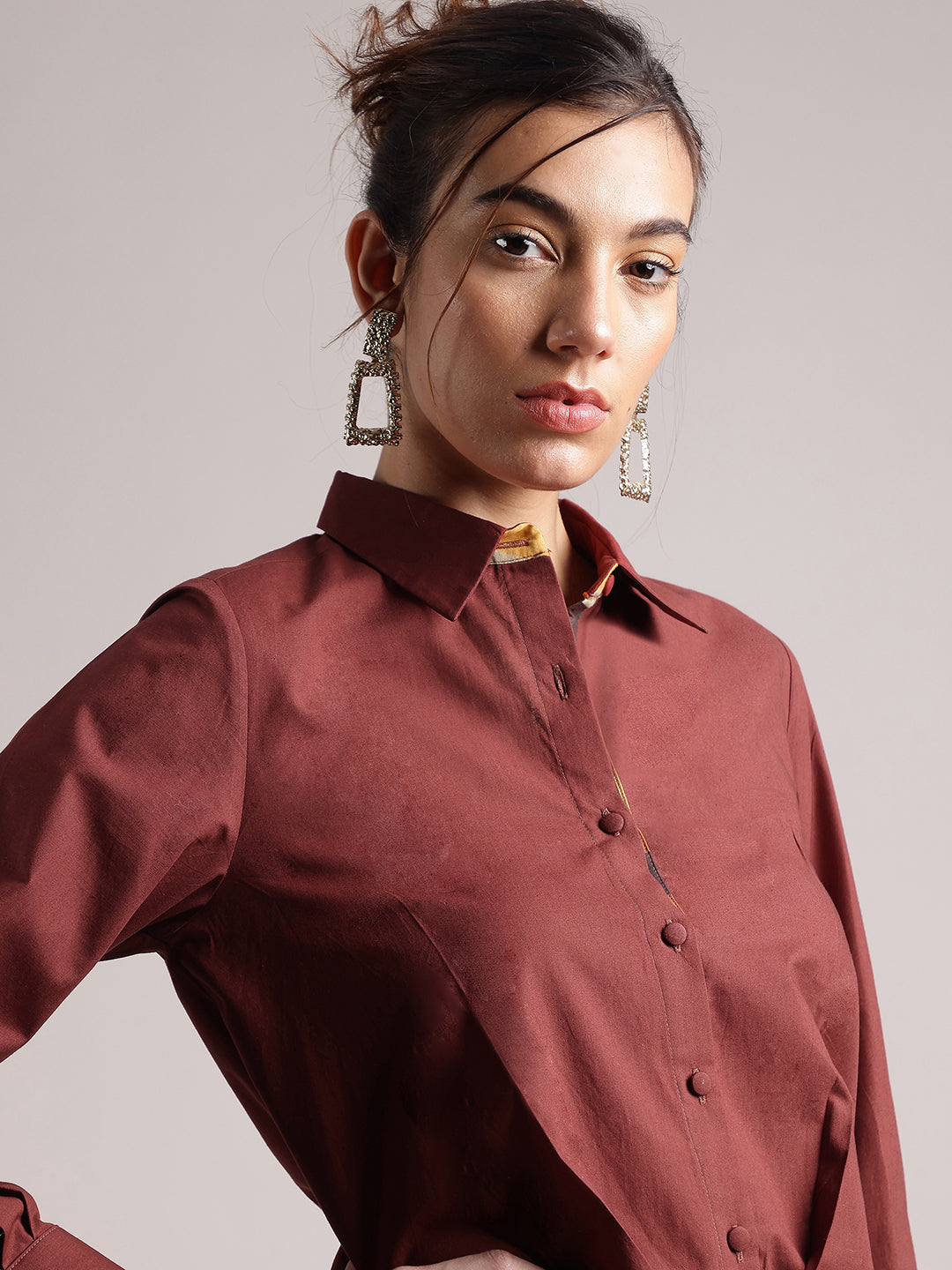 Brown Cotton Blend Solid Pleated Dress