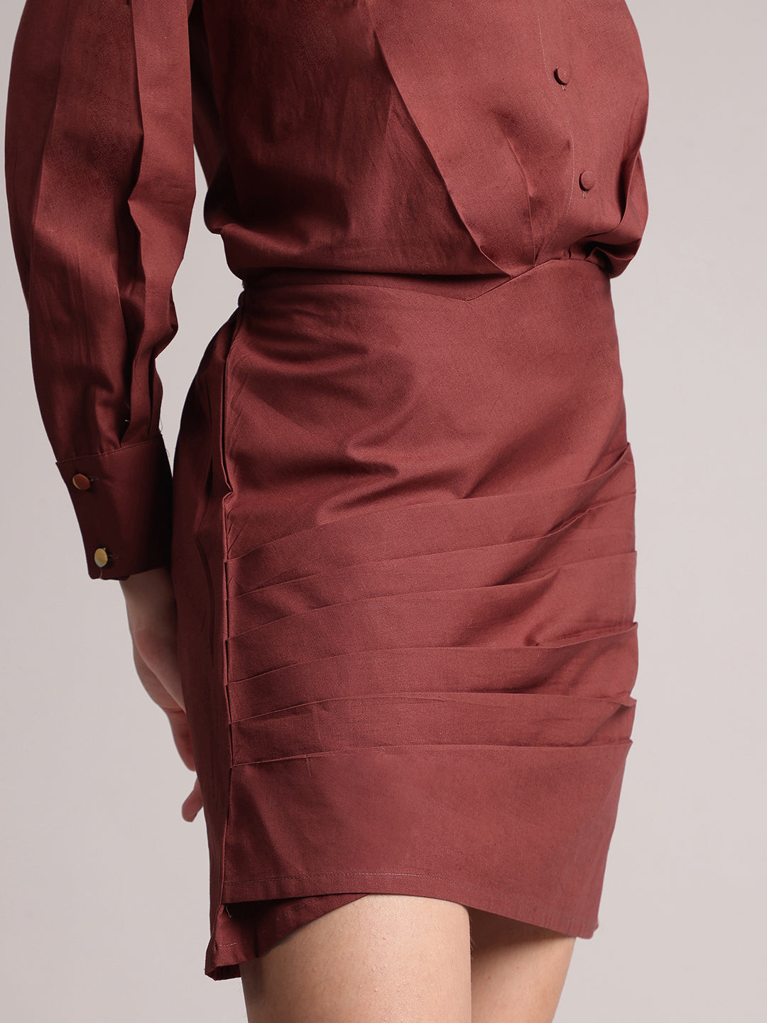 Brown Cotton Blend Solid Pleated Dress