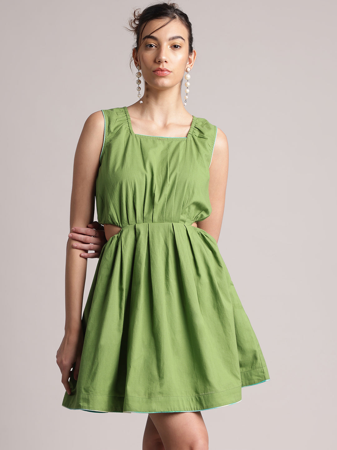 Green Cotton Solid Front Side Cut-Out Dress