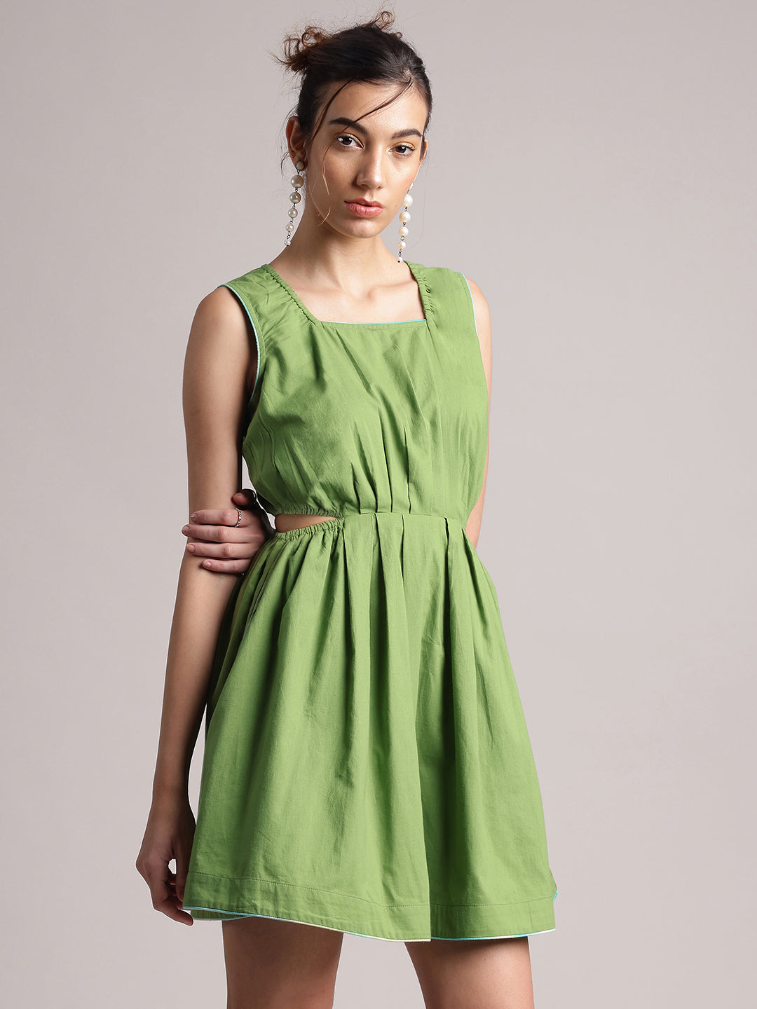 Green Cotton Solid Front Side Cut-Out Dress