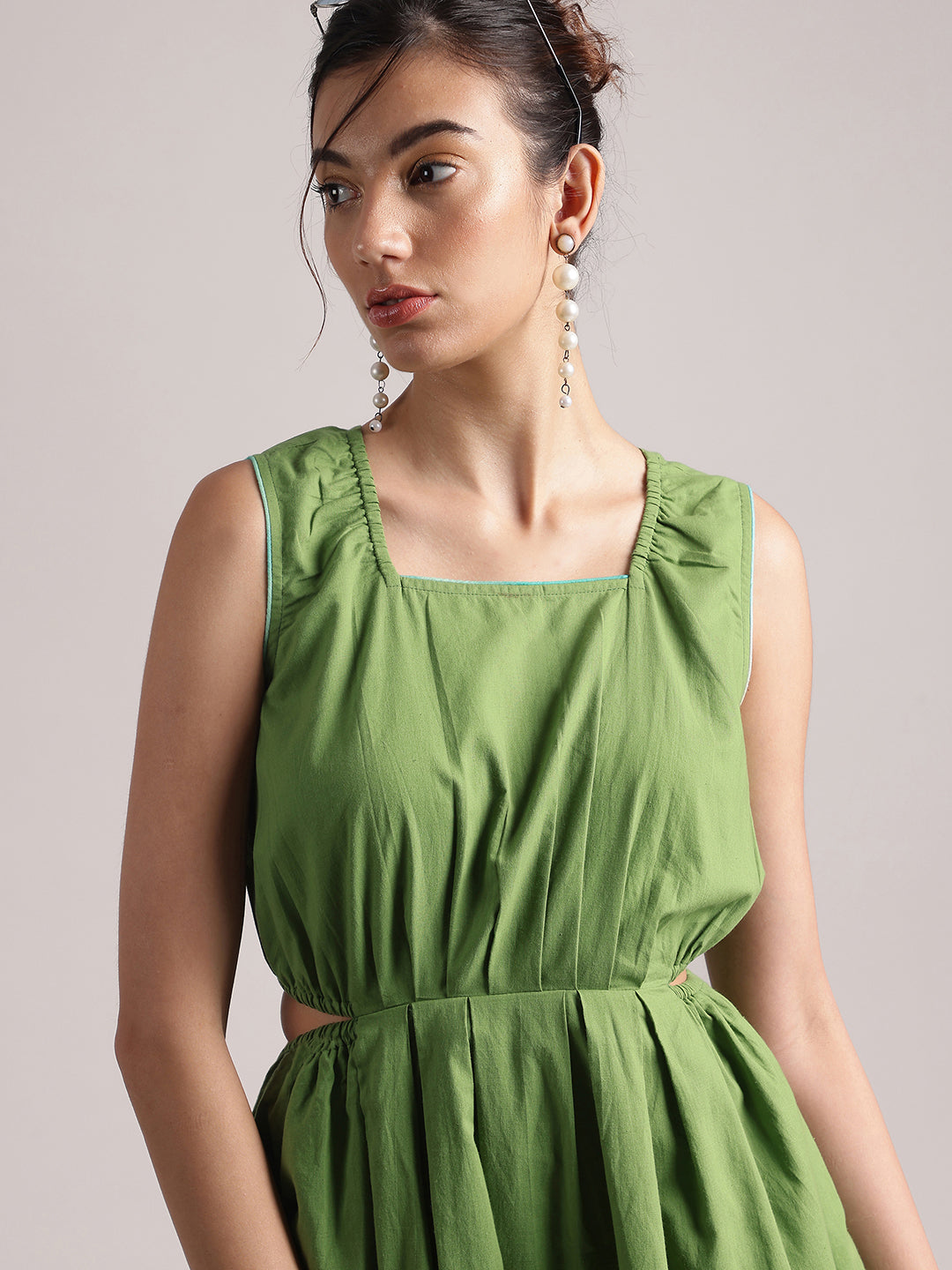 Green Cotton Solid Front Side Cut-Out Dress