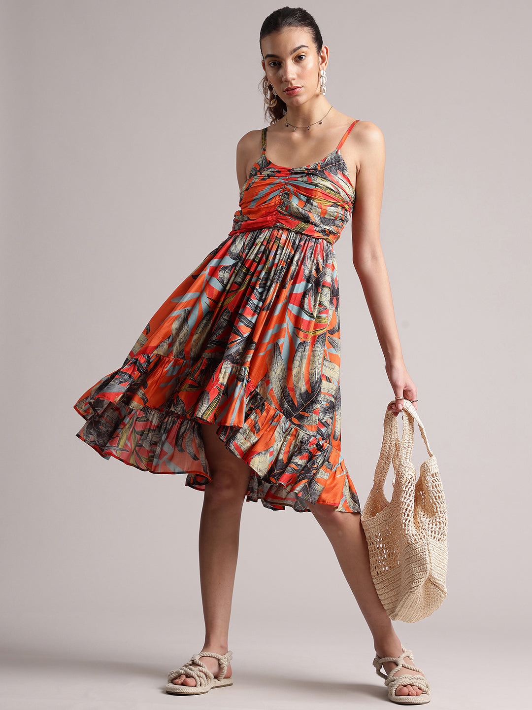 Orange Muslin Tropical Fit & Flare Dress