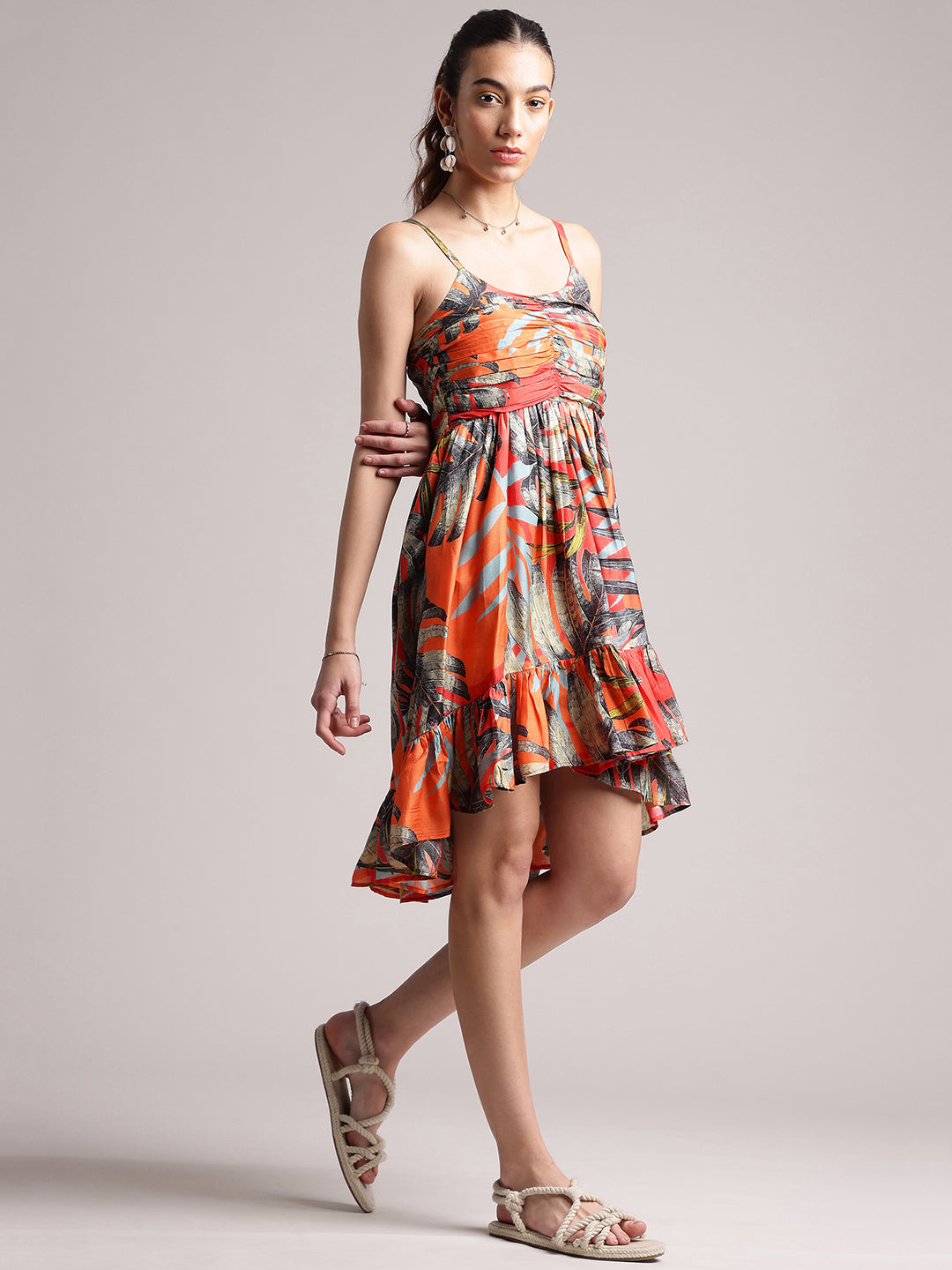 Orange Muslin Tropical Fit & Flare Dress