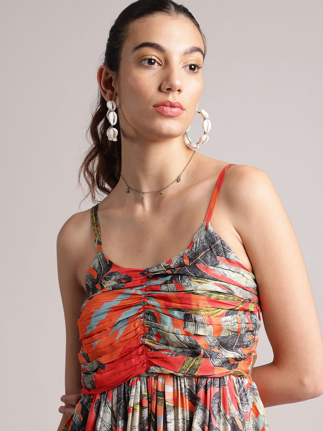 Orange Muslin Tropical Fit & Flare Dress