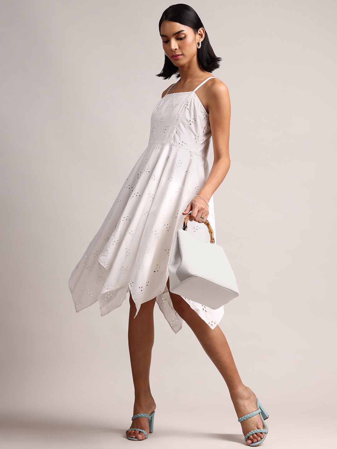 White Cotton Schiffli Embroidered Handkerchief Dress