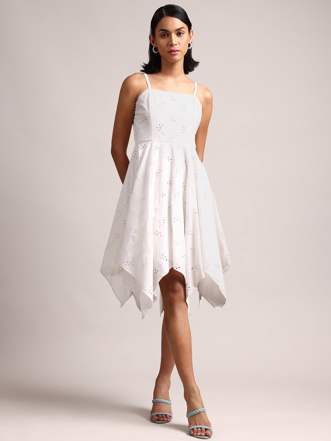 White Cotton Schiffli Embroidered Handkerchief Dress