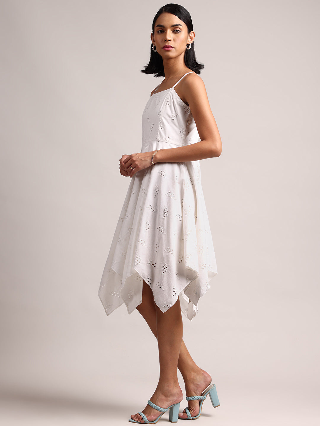 White Cotton Schiffli Embroidered Handkerchief Dress