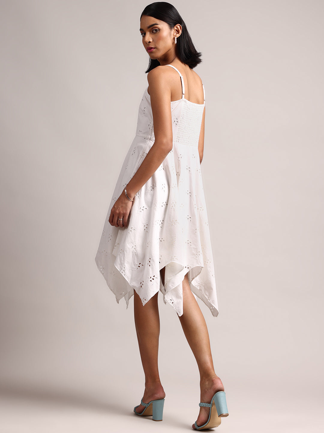 White Cotton Schiffli Embroidered Handkerchief Dress