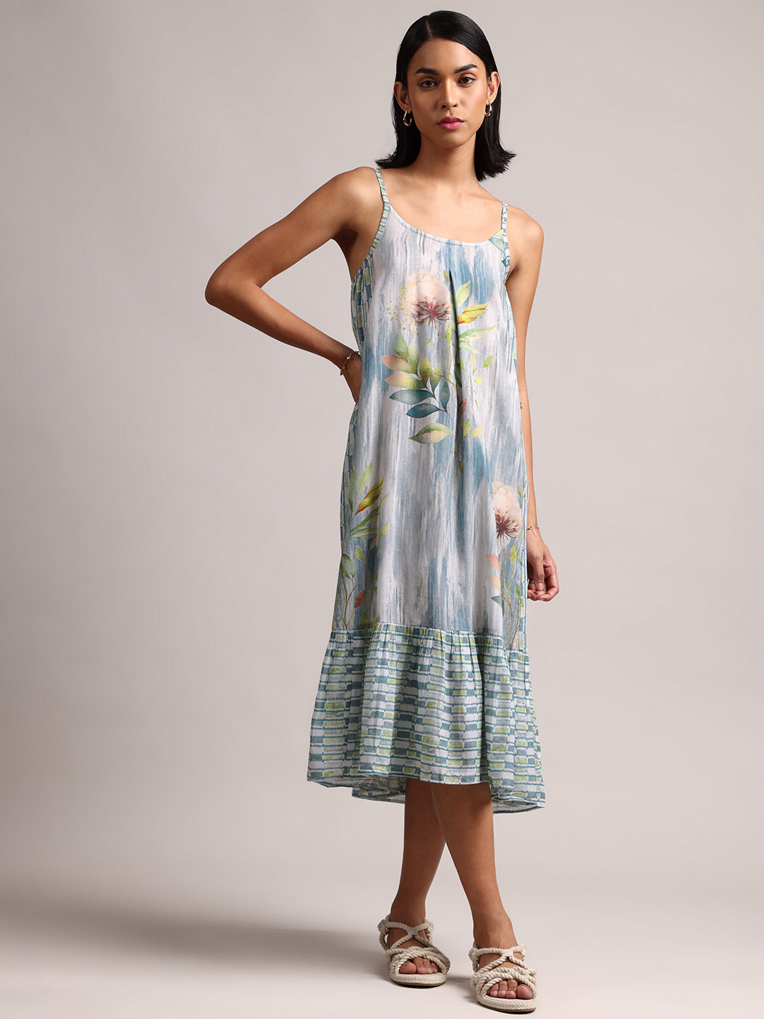Blue Cotton Linen Tropical Tiered Dress