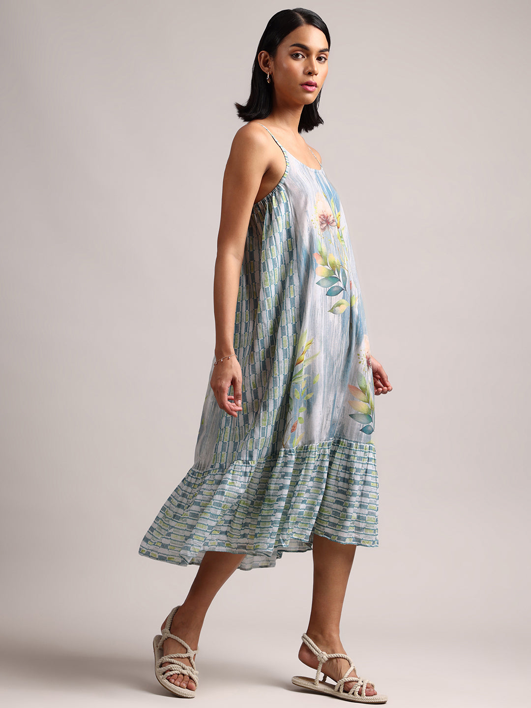 Blue Cotton Linen Tropical Tiered Dress