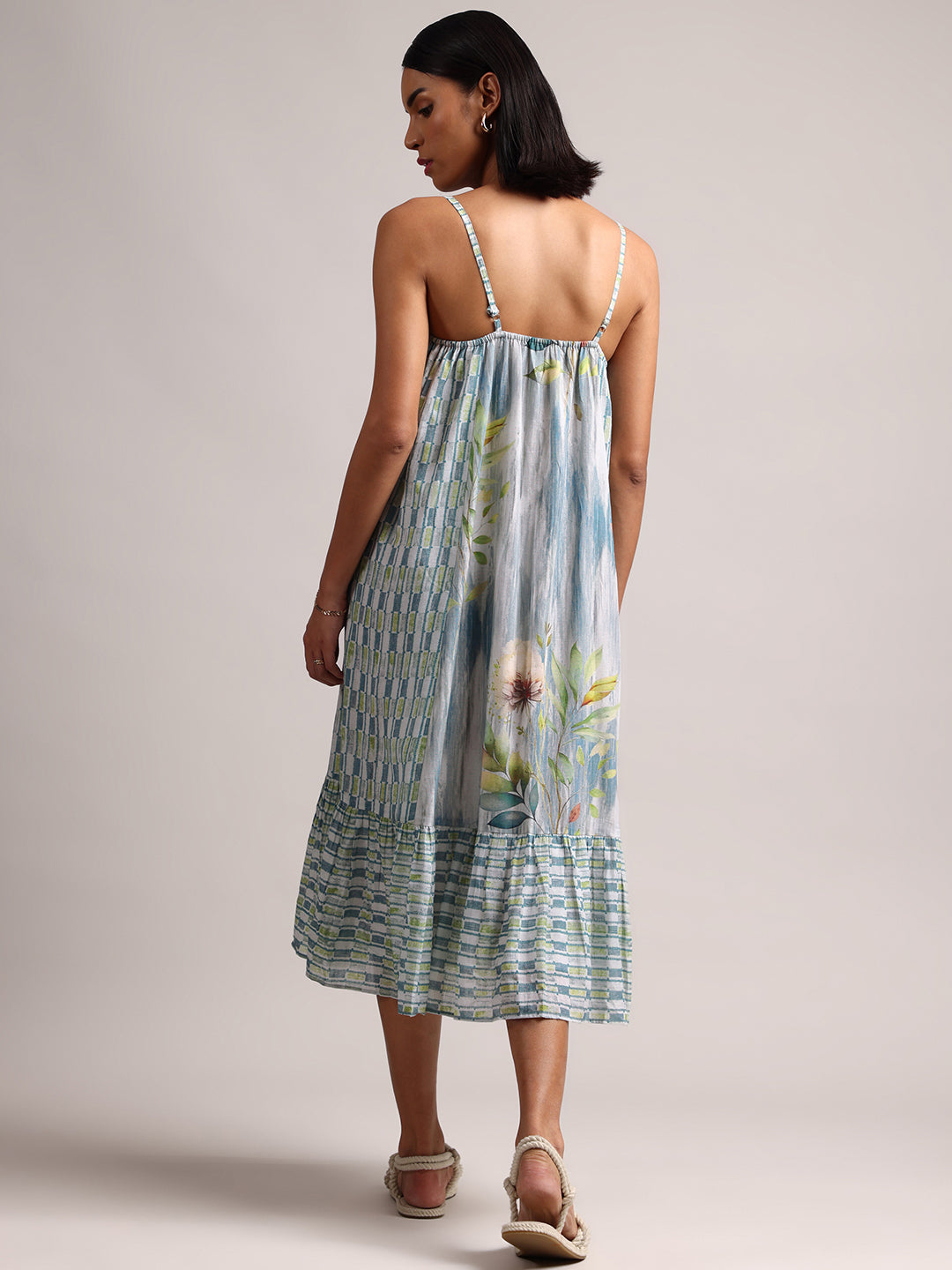 Blue Cotton Linen Tropical Tiered Dress