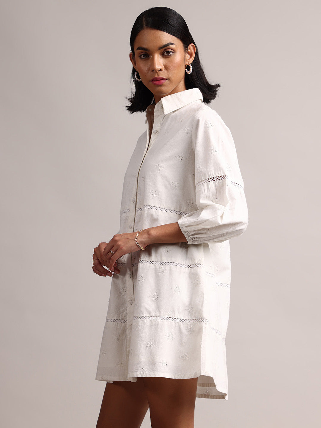 White Cotton Schiffli Embroidered Shirt Dress