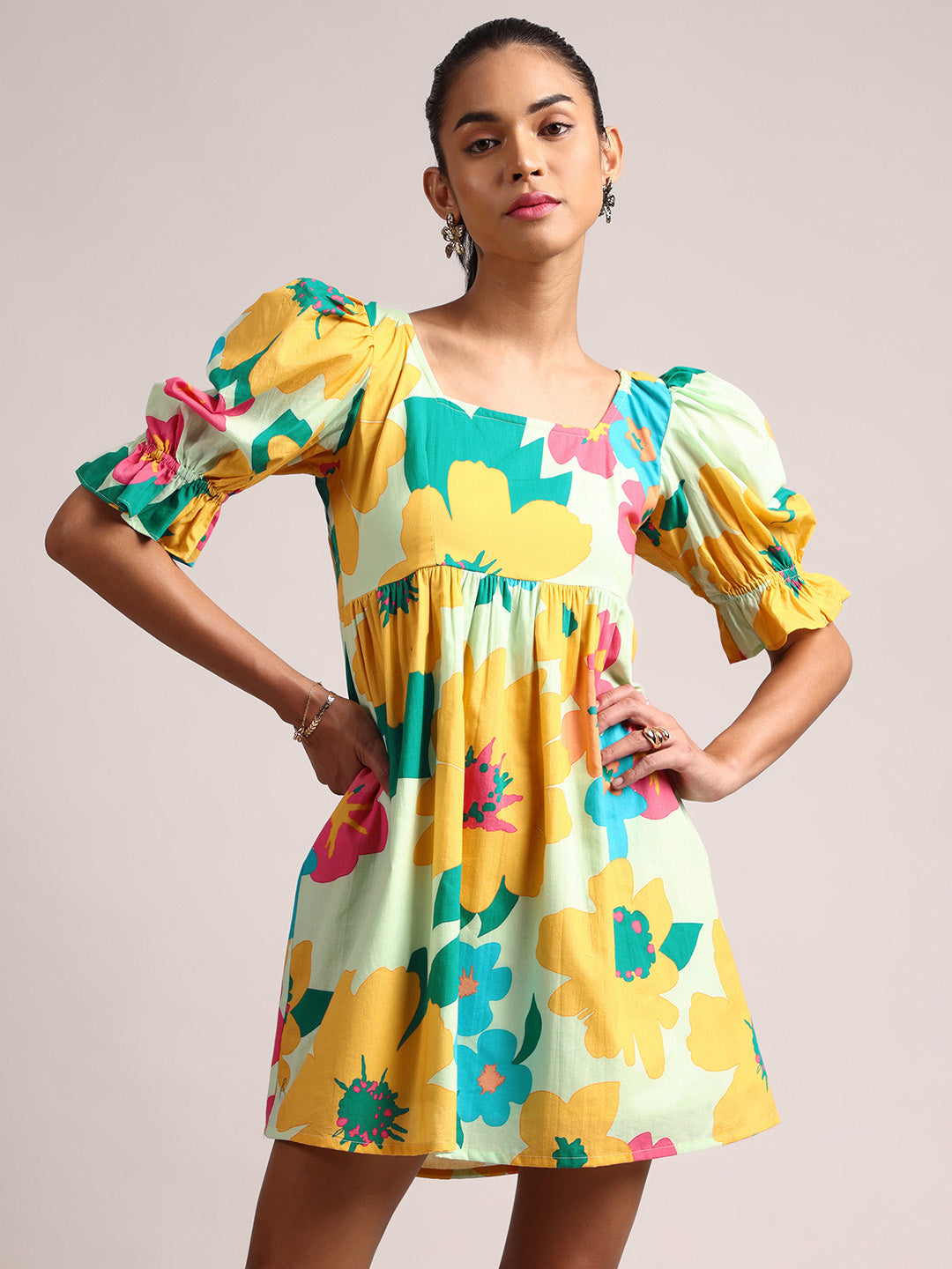 Light Green Cotton Floral Fit & Flare Dress