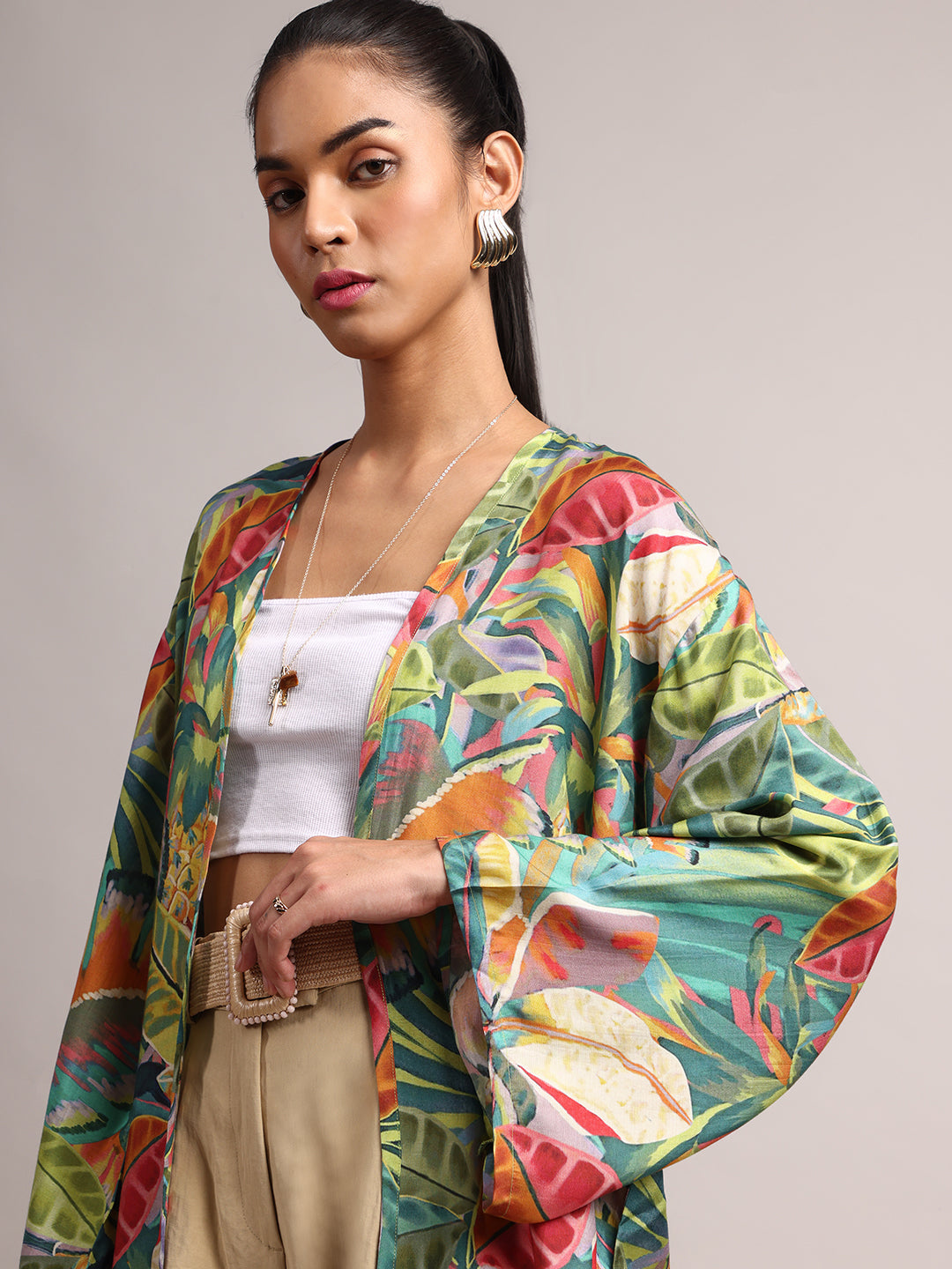 Green Muslin Tropical Regular Shrug