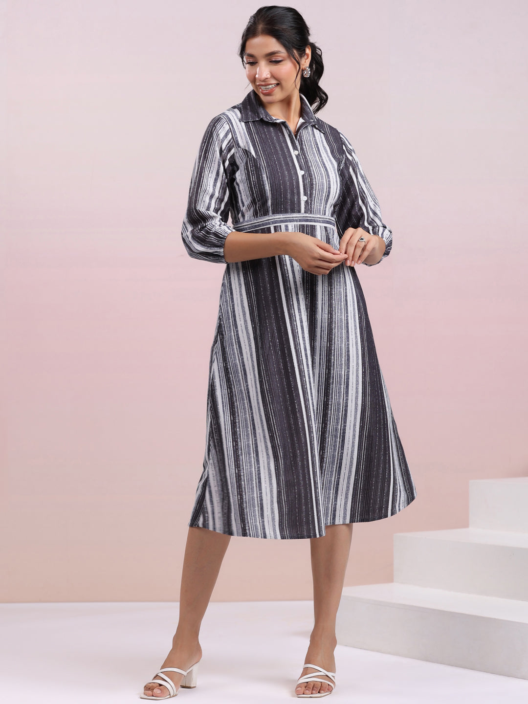 Grey Corduroy Striped A-Line Dress