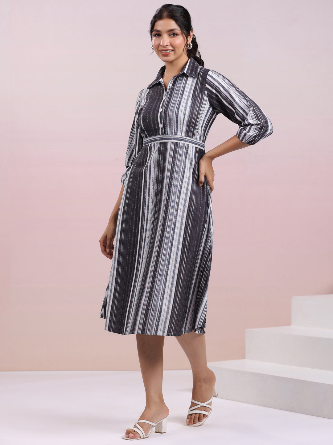 Grey Corduroy Striped A-Line Dress