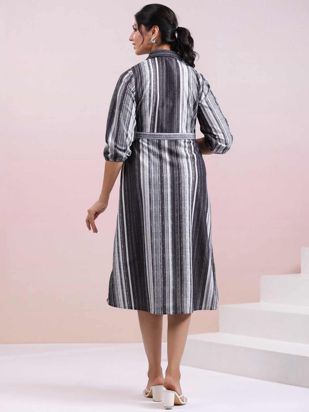 Grey Corduroy Striped A-Line Dress