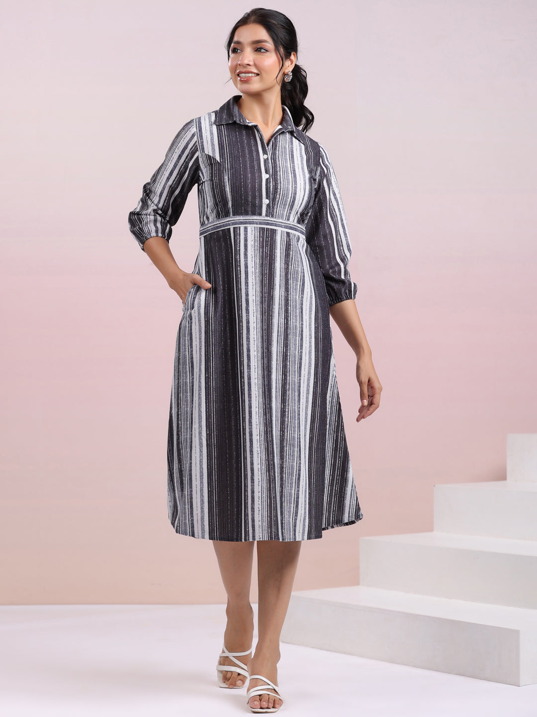 Grey Corduroy Striped A-Line Dress