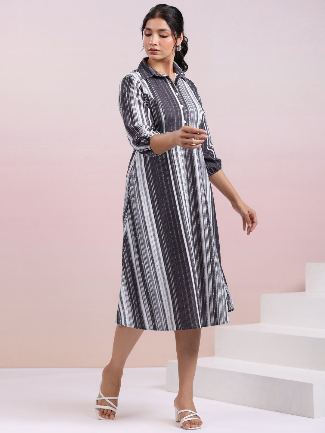 Grey Corduroy Striped A-Line Dress