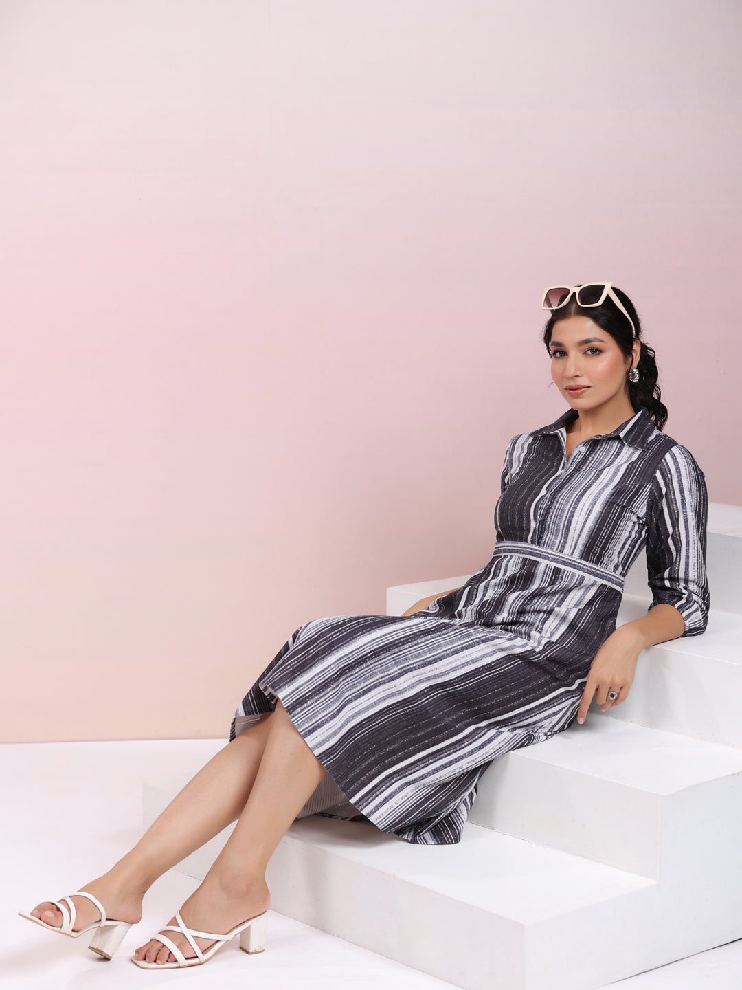 Grey Corduroy Striped A-Line Dress