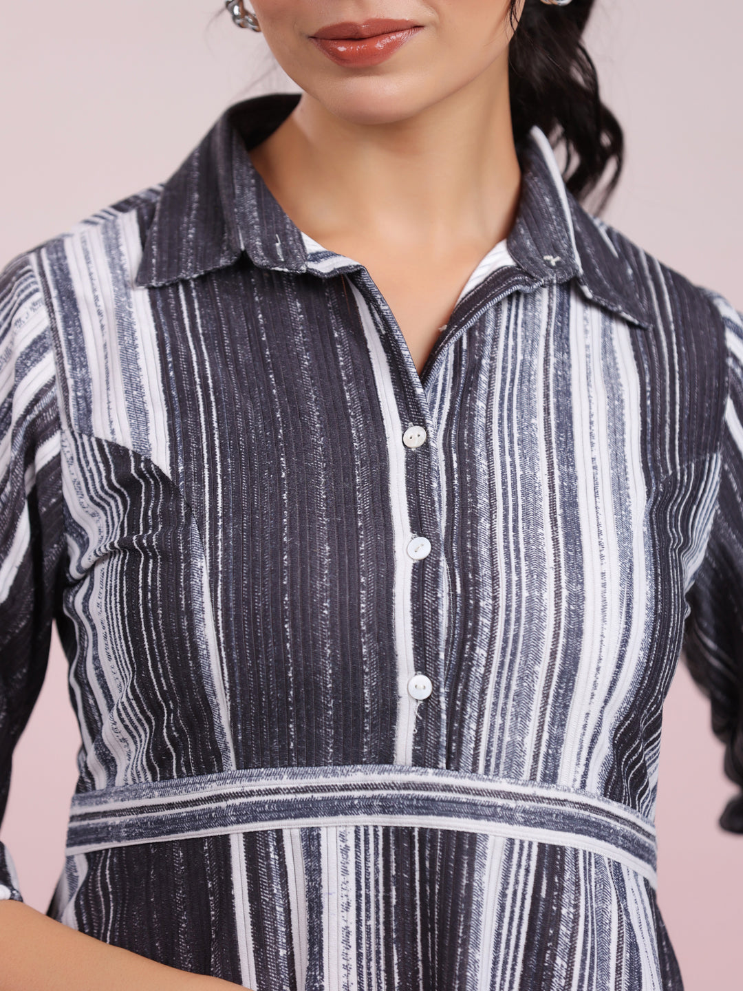 Grey Corduroy Striped A-Line Dress
