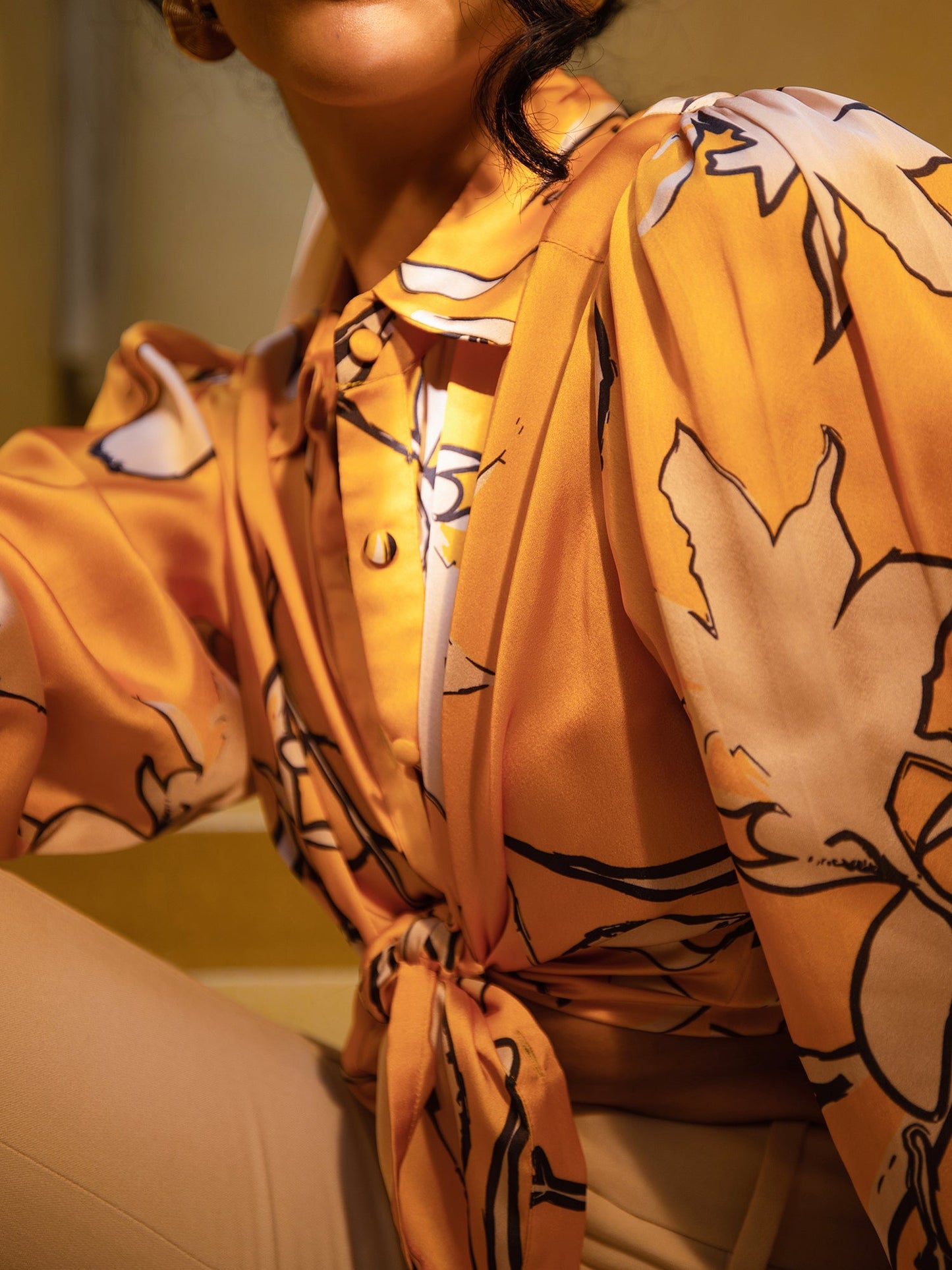 Mustard Satin Abstract Button Down Shirt