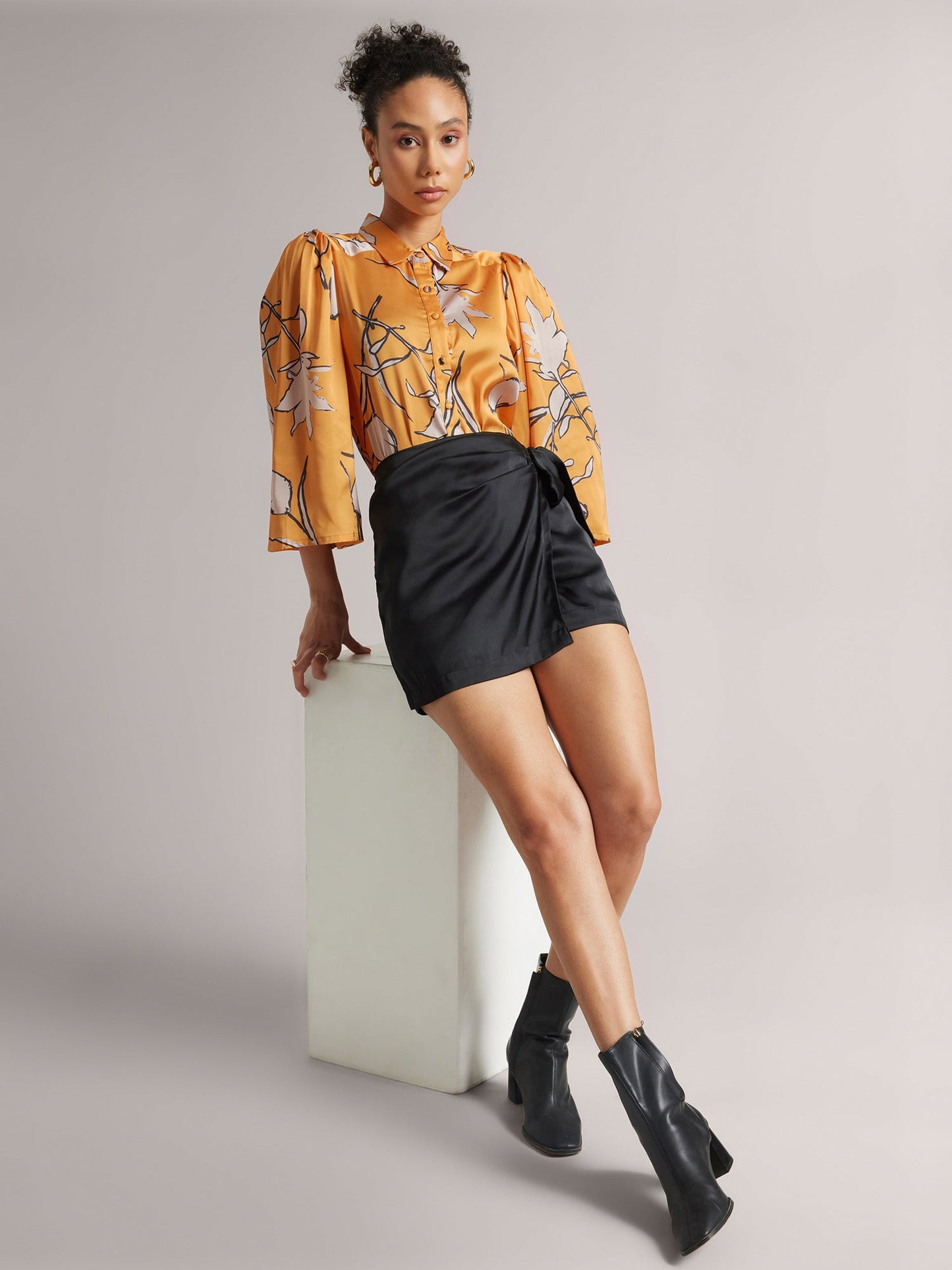 Mustard Satin Abstract Button Down Shirt