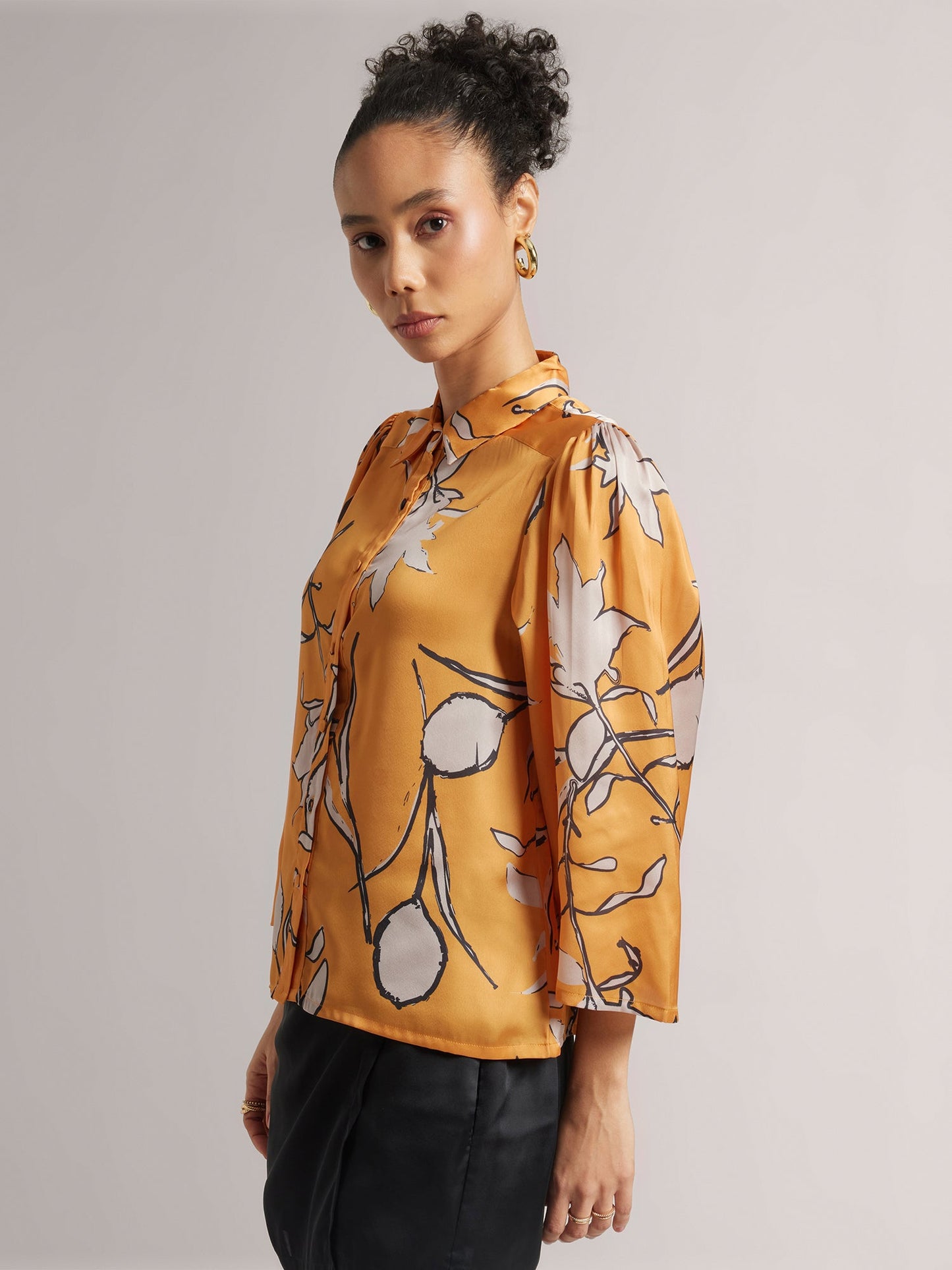 Mustard Satin Abstract Button Down Shirt
