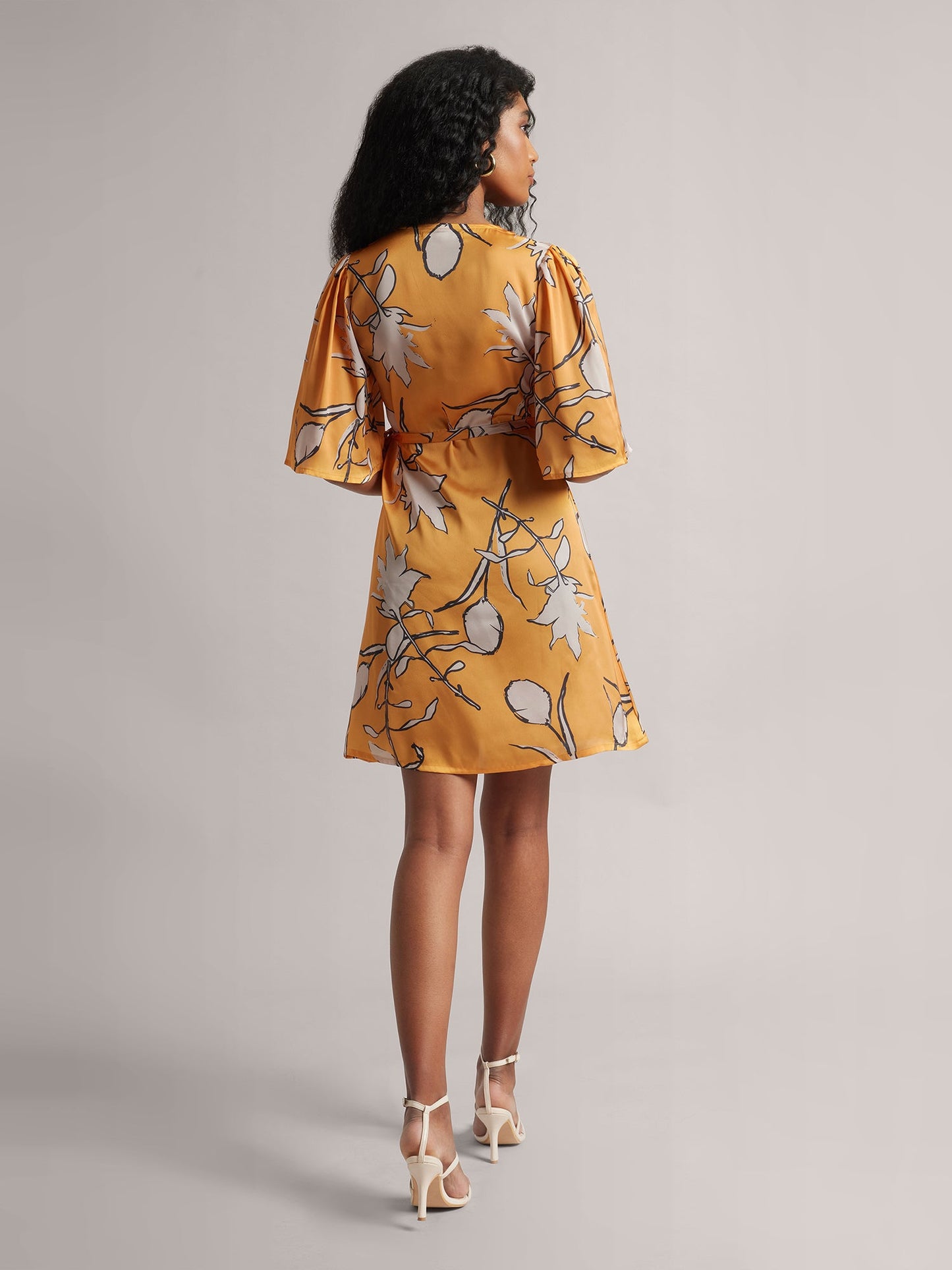 Mustard Satin Floral Wrap Dress