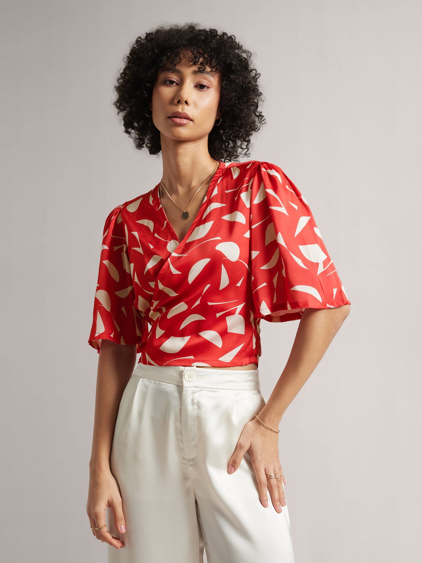 Red Satin Abstract Wrap Around Top