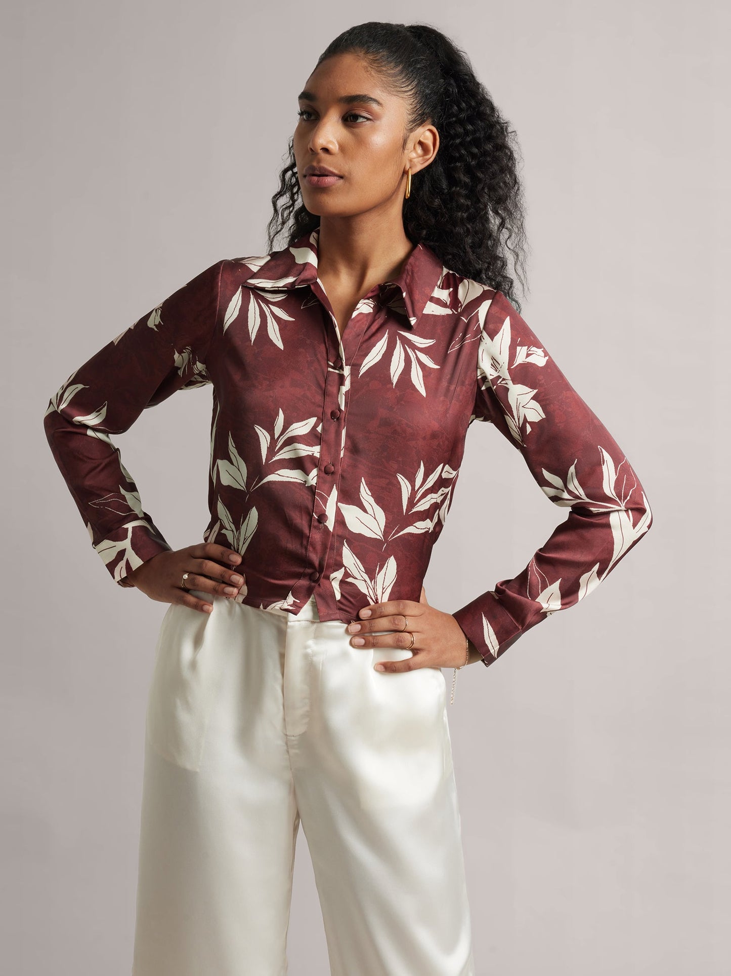 Brown Satin Abstract Back Tie-Up Top