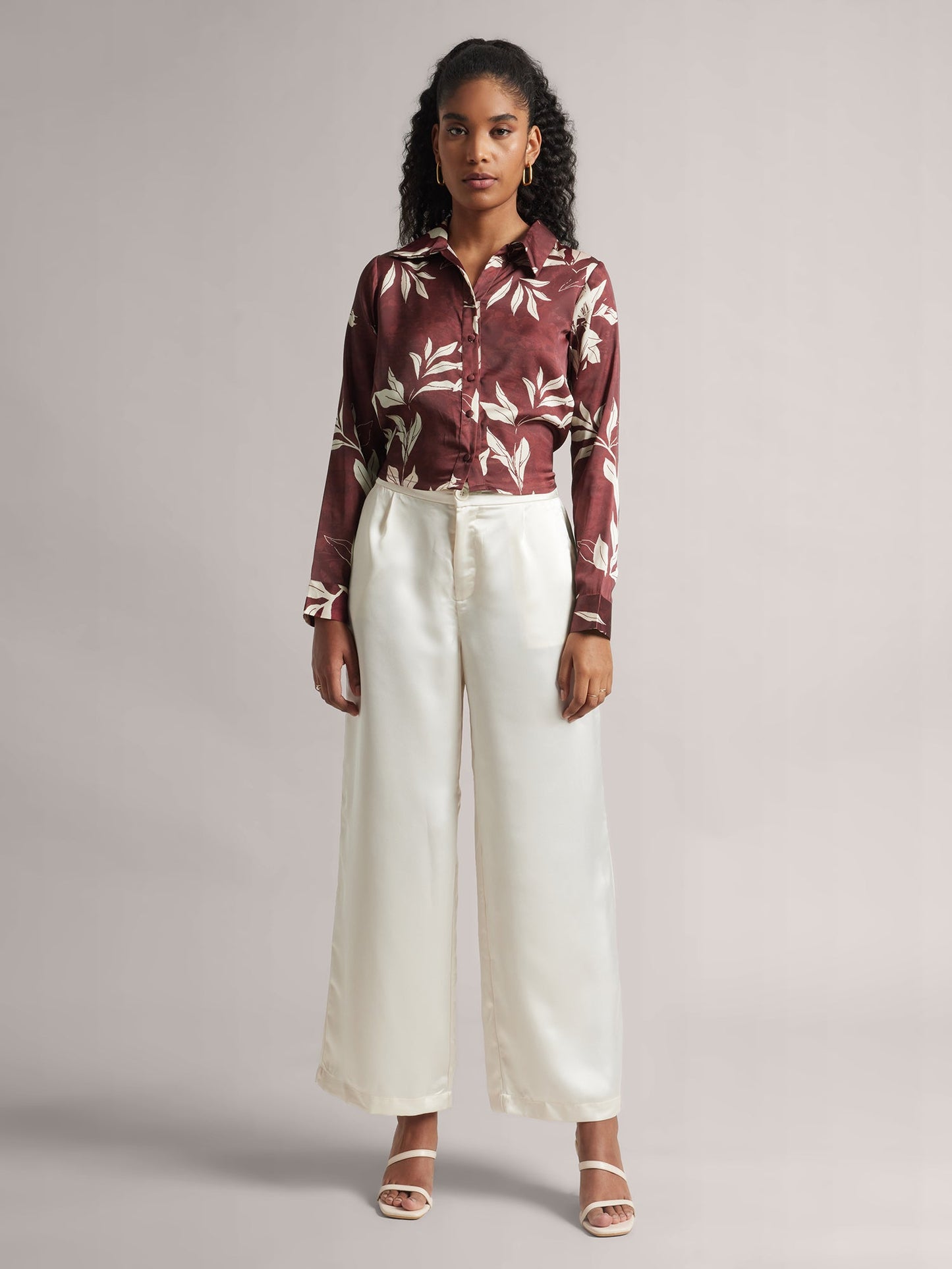 Brown Satin Abstract Back Tie-Up Top