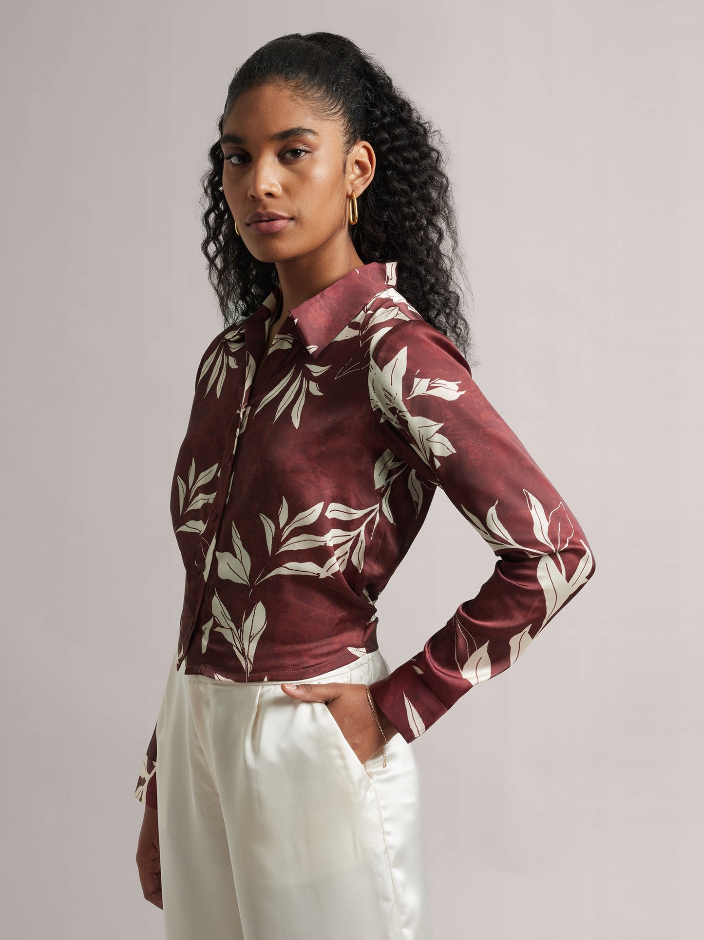 Brown Satin Abstract Back Tie-Up Top