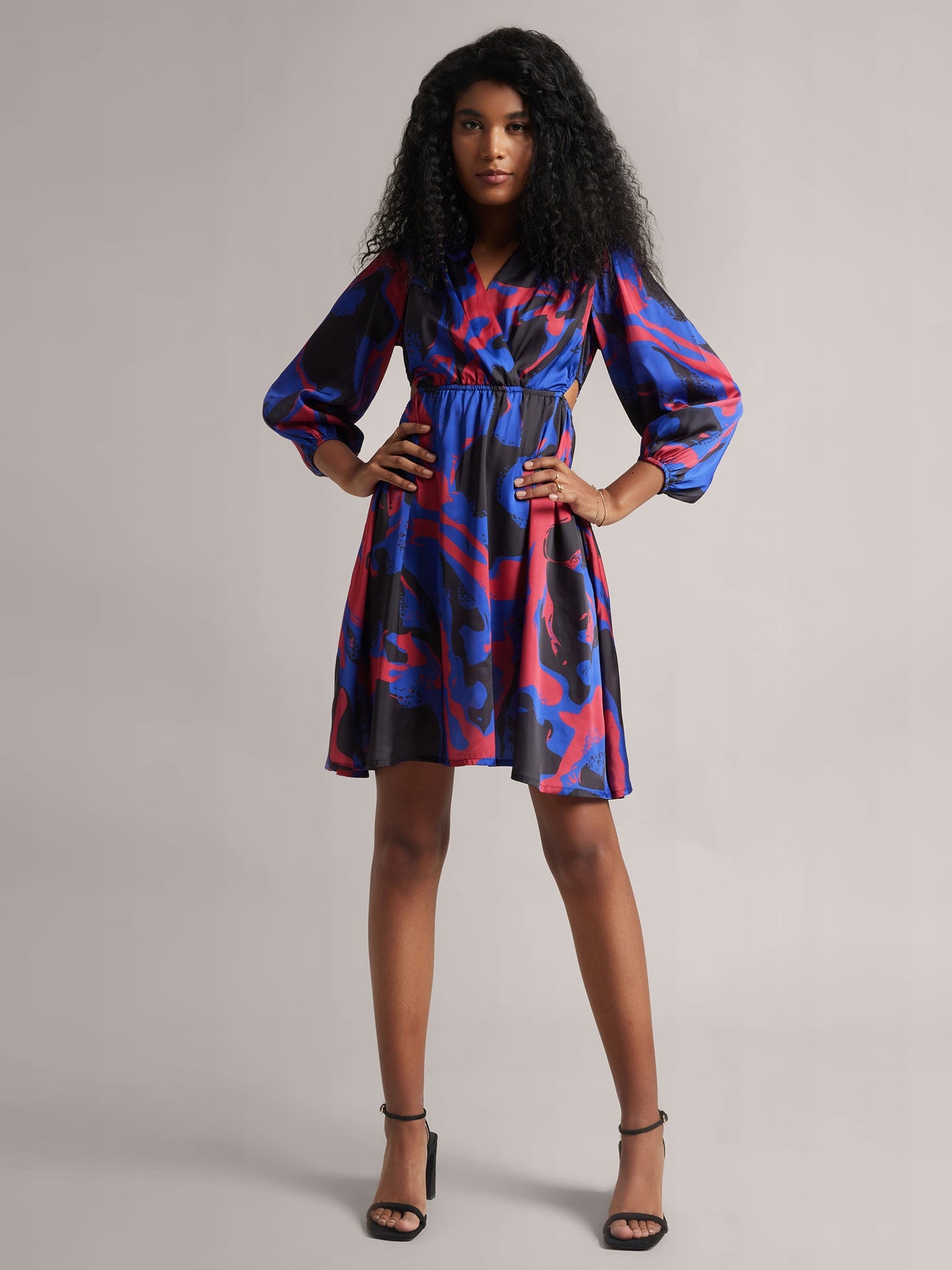 Blue Satin Abstract Side Cut-Out Dress