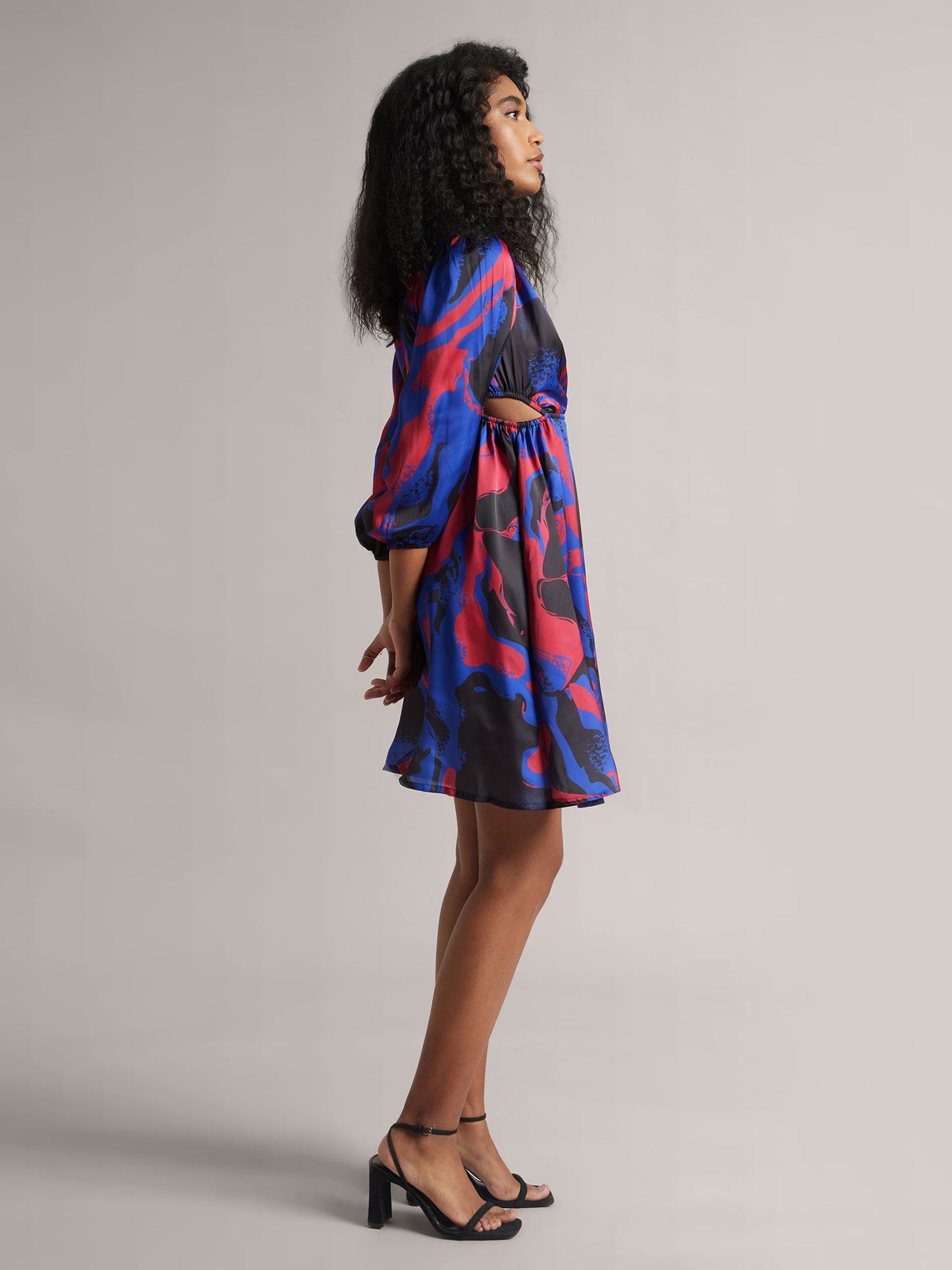 Blue Satin Abstract Side Cut-Out Dress