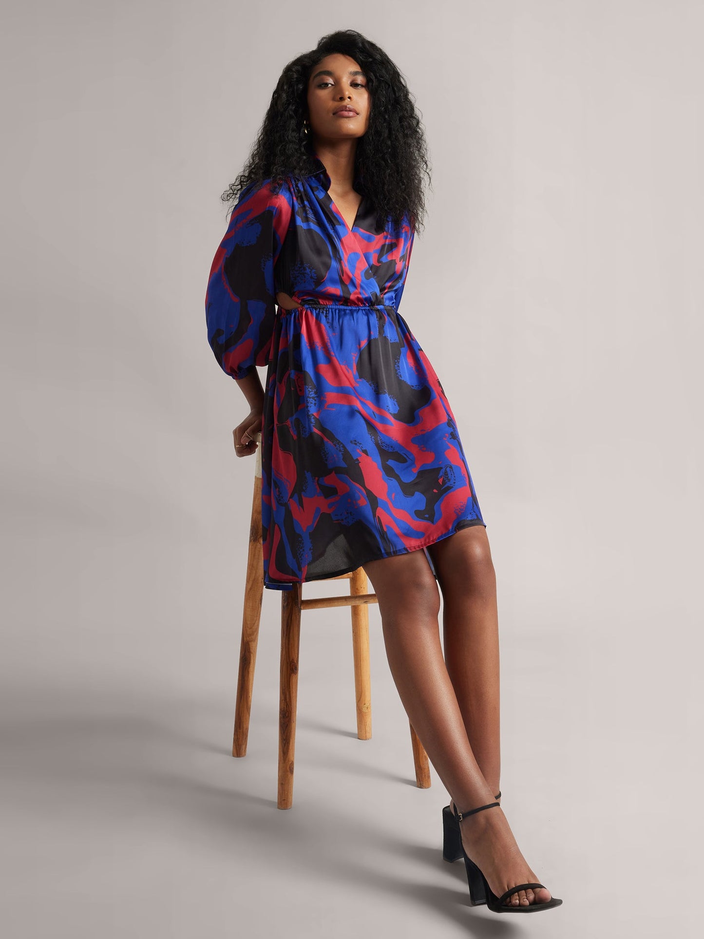 Blue Satin Abstract Side Cut-Out Dress
