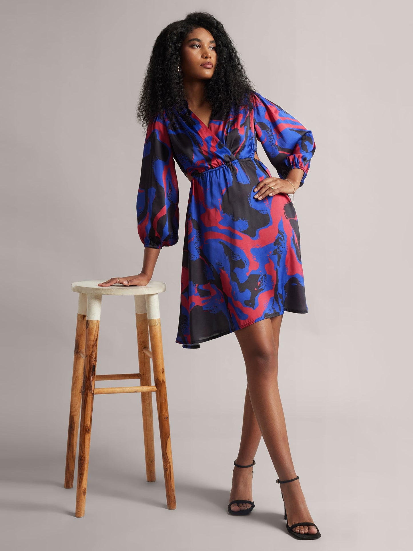 Blue Satin Abstract Side Cut-Out Dress