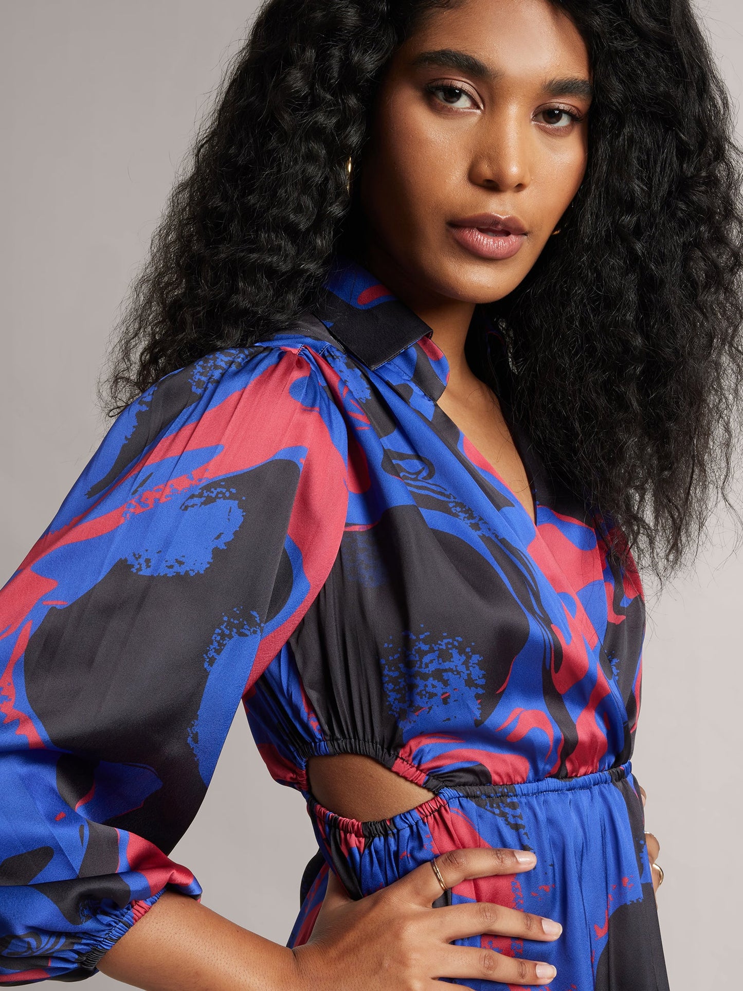 Blue Satin Abstract Side Cut-Out Dress