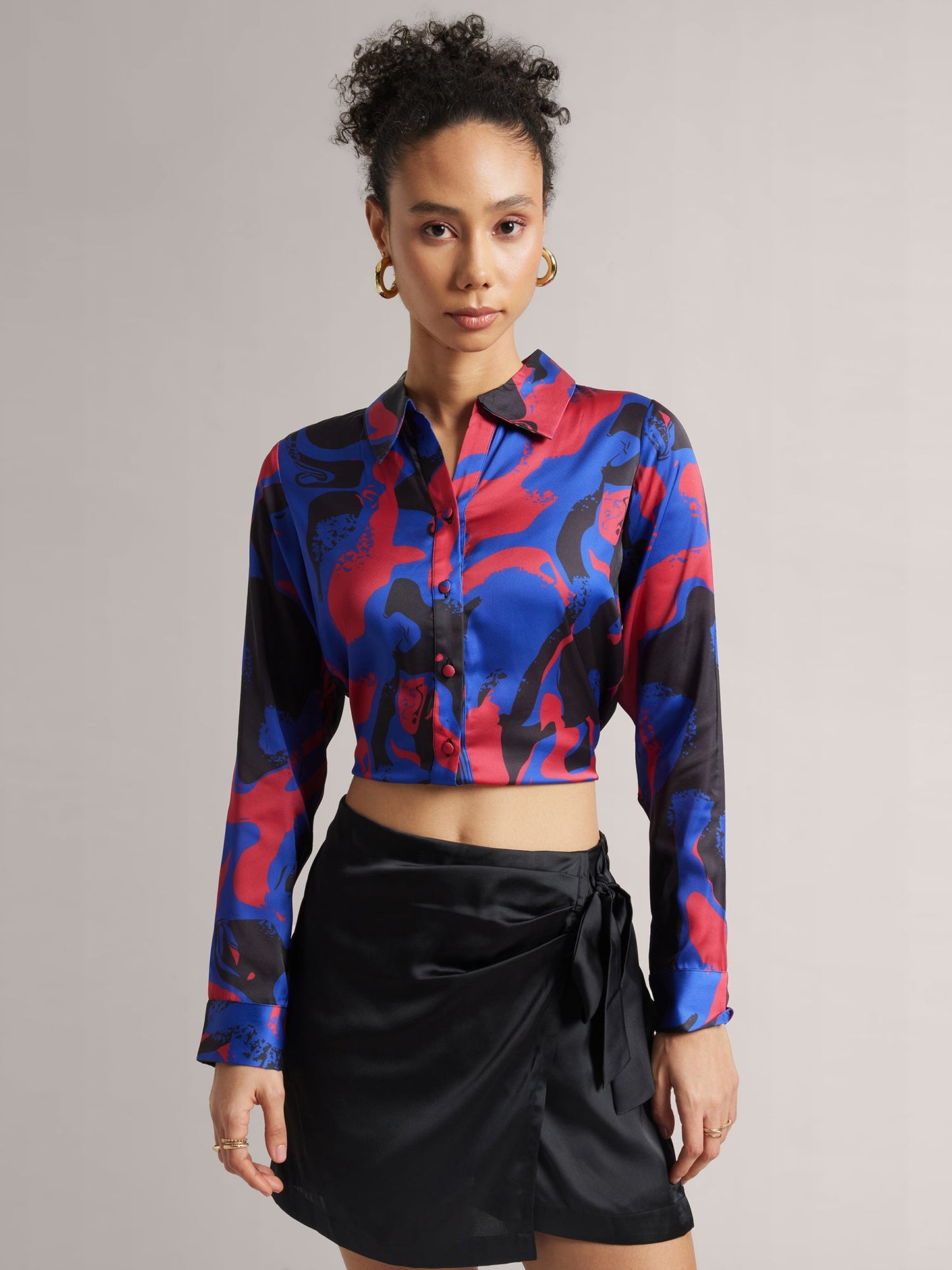 Blue Satin Abstract Regular Top