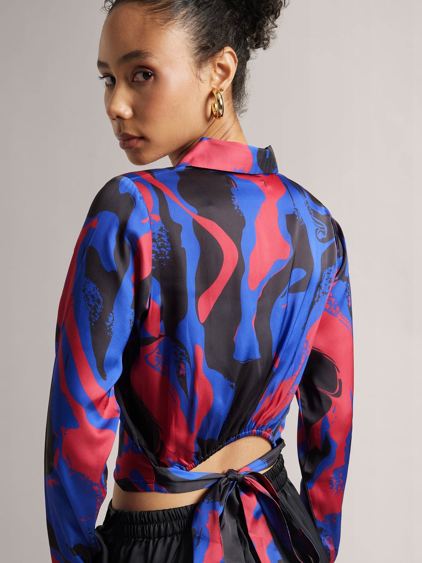 Blue Satin Abstract Regular Top