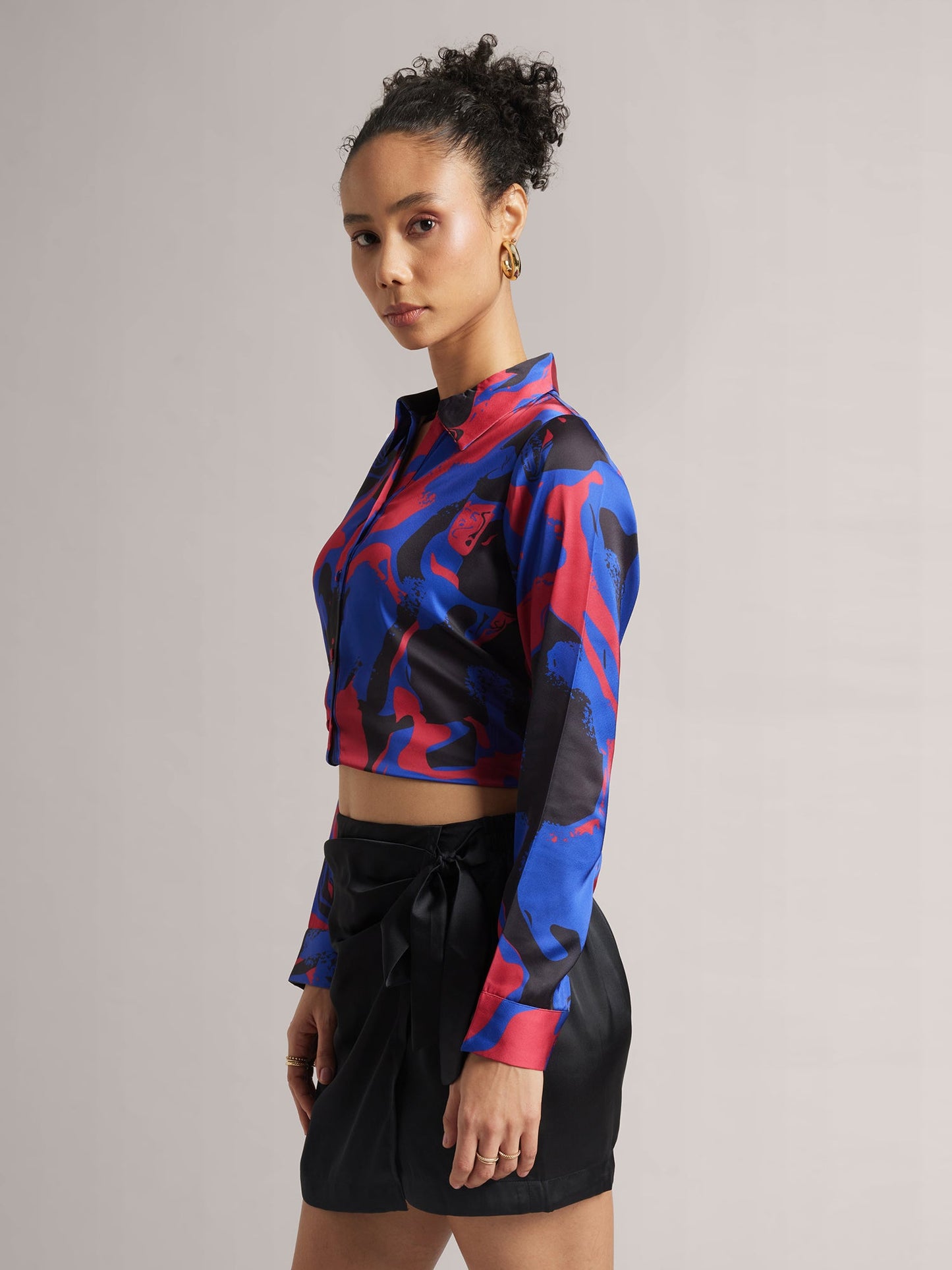 Blue Satin Abstract Regular Top