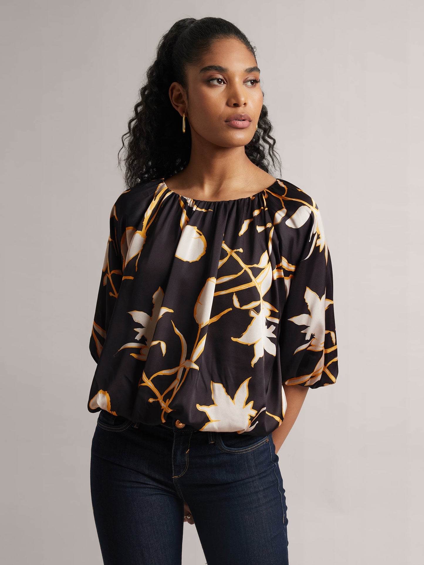 Black Satin Abstract Balloon Style Top