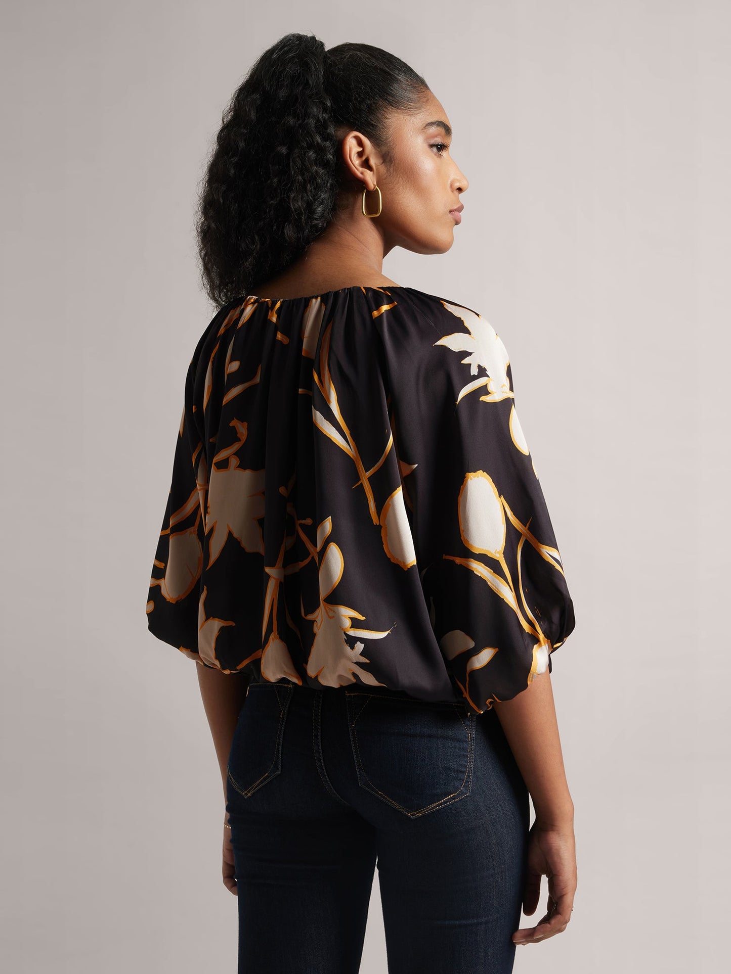 Black Satin Abstract Balloon Style Top