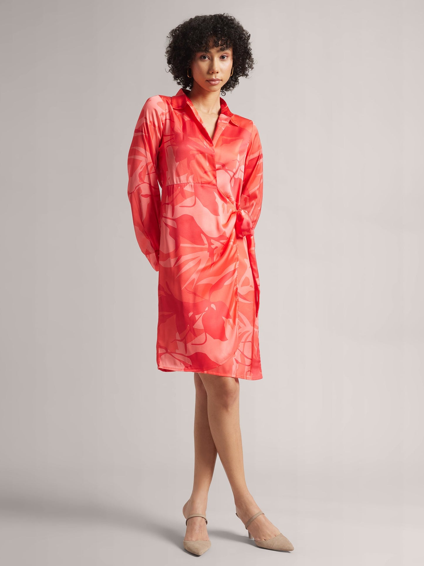 Coral Satin Abstract Wrap Dress